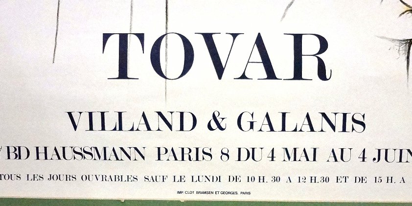 Tovar Poster for the exposition of art works organized by the Villand and Gallanis art Gallery in Paris France on June 4, 1973. Paper dimension is 20 by 30 inches. En...