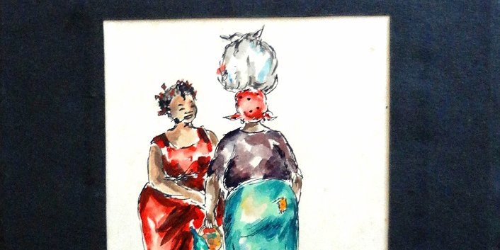 Watercolor and ink on paper with two local women. Dimension is 4.5 by 6 inches. Signed in the lower right corner. No frame. Acuarela y tinta sobre papel con dos...