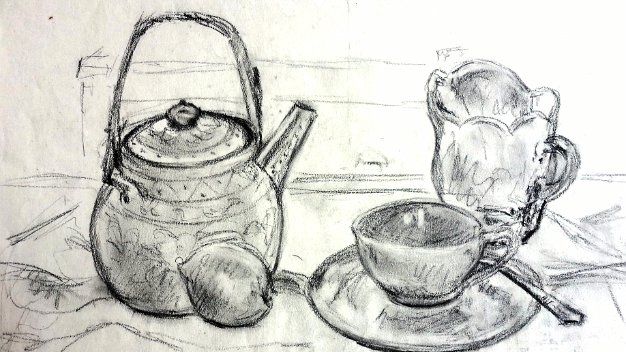 Cafetera Excellent sketches on paper with a tea or coffee set and a city view. Paper dimensions are varied in size. Not signed...