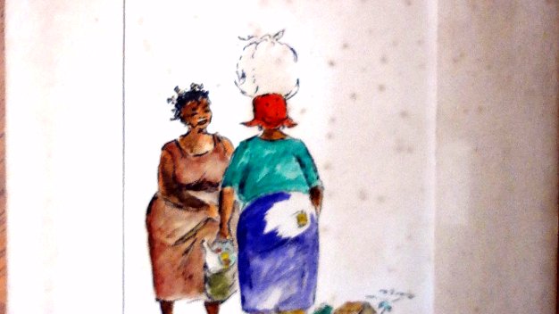 Las Comadres Colored on paper painting with a typical rural scene in Santo Domingo city. Paper size is 5 by 6 inches. Signed and...