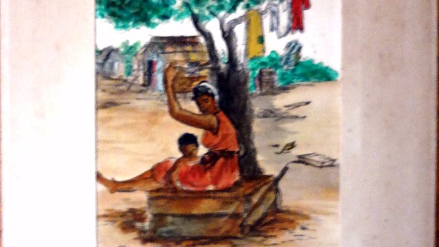 Mediodia Colored on paper painting with a typical rural scene in Santo Domingo city. Paper size is 5 by 6 inches. Signed and...