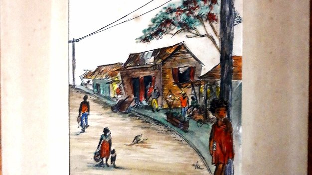 Pueblecito Colored on paper painting with a typical rural scene in Santo Domingo city. Paper size is 5 by 6 inches. Signed and...