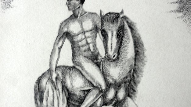 Caballo Rare and in excellent preserved condition an ink on heavy paper with a nude man on a horse. Paper dimension is 14 by 17...