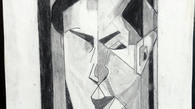 Cara Rare charcoal on paper painting with a face, maybe a self portrait. Paper dimension is 16 by 20 inches. Signed in the...
