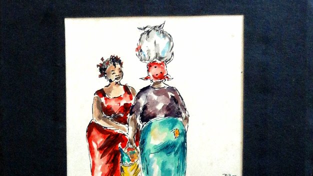 Canela Ink and watercolor on paper by Canela with two local women talking. From the Galeria El Arte Moderno, located in El...