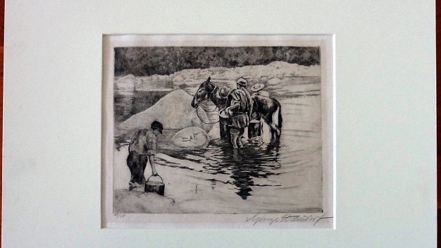 Caballo Landscape print with a horse crossing a river. Paper dimension is 12 by 16 inches. Signed in the lower right side in...