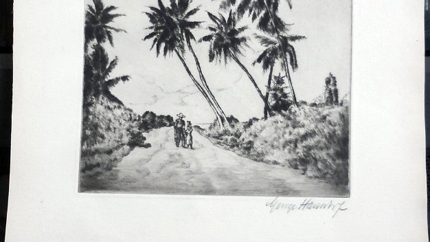 Cocos Caribbean landscape etching with coconuts trees and farmers. Dimension is 11 by 12 inches. Signed in pencil in the lower...