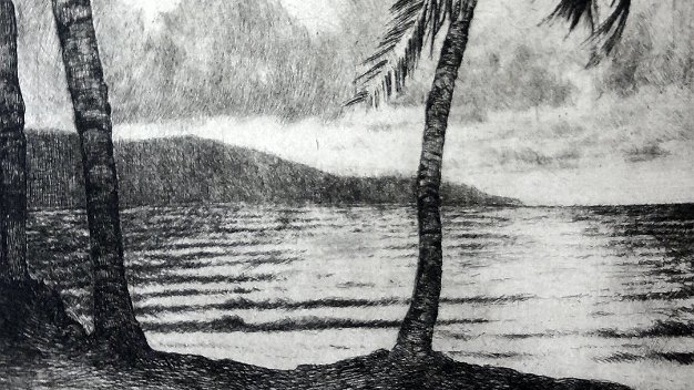 Playa Excellent tropical landscape etching with coconuts trees and the view of Caribbean sea. Paper dimension is 11 by 15...