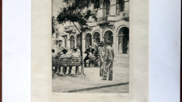 Plaza Excellent tropical etching with several men seating and talking in a plaza or park. Paper dimension is 11 by 15 inches...