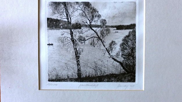 Rio Landscape print with a large river. Paper dimension is 8 by 9 inches. Signed in the lower left side in pencil. Numbered...