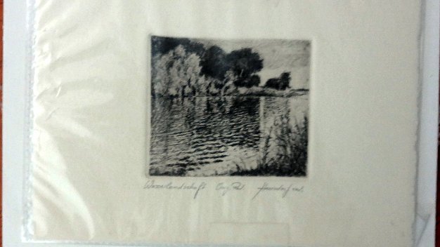River Small format landscape print with a river. Paper dimension is 2.5 by 3 inches. Signed in the lower left side in pencil....