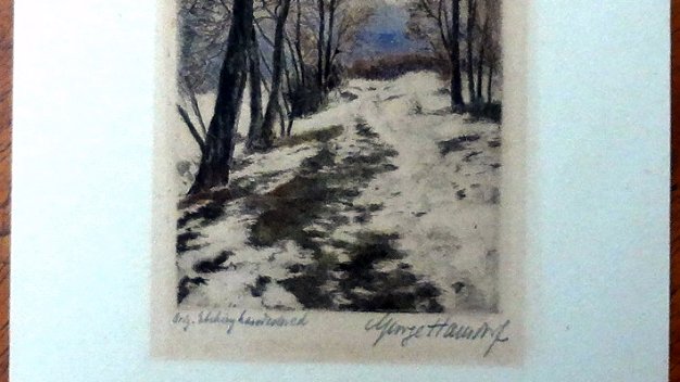 Trail Excellent winter landscape hand colored etching, probably located in Germany, with a nice snowy trail with trees. Paper...