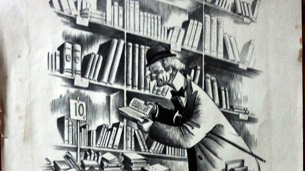 The Bibliophile Original print with a man in a library. Paper dimension is 12 by 16 inches. Signed in pencil in the lower left side. No...