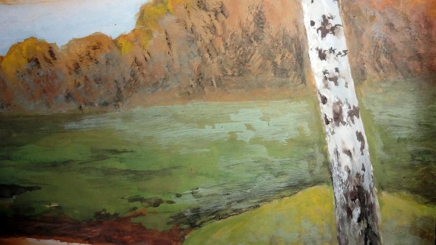 Rio Otoño In english Excellent and rare gouache on thick paper with a fall landscape painting in Germany. Paper dimension is 20 by...