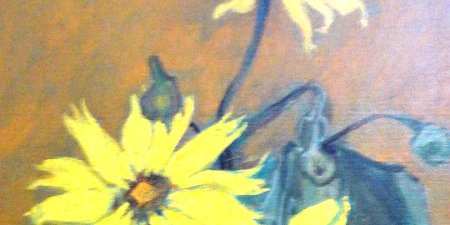 Alice Beautiful oil on board still life with potted yellow sun flowers. Board dimension is 18 by 22 inches. Signed in black in the lower right side. No frame. Oleo...