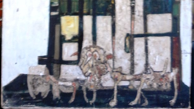 Perros - Dogs Oil on canvas painting with the title "18.PERRO CAMINANDO LA CALLE" (Dog Walking The Street). Large dimension is 40 by...