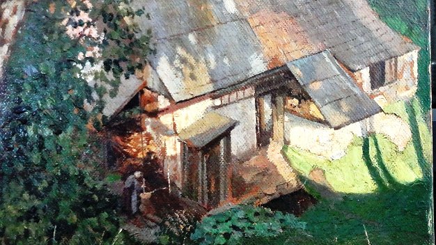 Primavera Casas - Spring Houses Oil on board spring landscape from an Estate Sale in Berlin, Germany. Size is 20 by 26 inches. Signed in black in the...