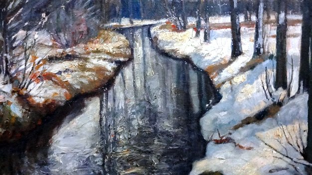 Rio Nieve - Snow River Oil on canvas with a winter landscape. Size is 24 by 30 inches. Signed in the lower right side in black and dated pre...