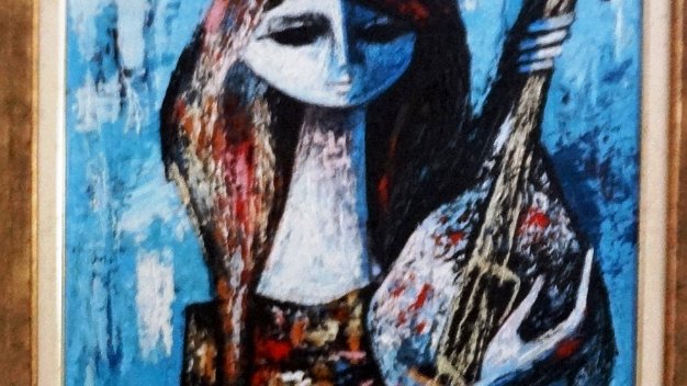 Women in Blue - Mujer Azul Oil on canvas dated around 1963, the year the young artist arrived in Paris to study art. Portrait of a woman with a...