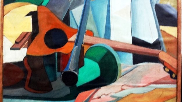 Guitarra - Guitar From an Auction House Sale in Paris France with have an early and rare oil on board still life painting with cubist...