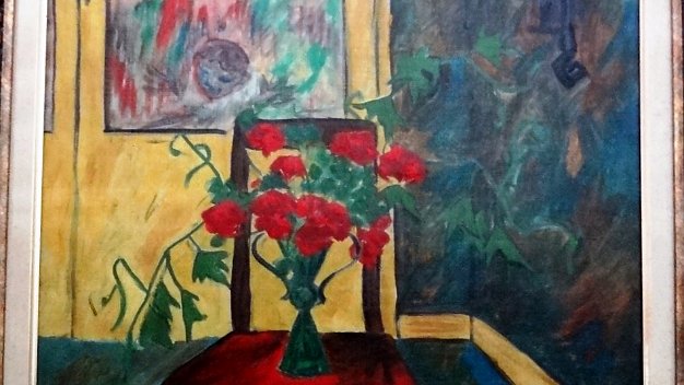 Silla - Chair Original early and rare oil on canvas still life painting with a chair and flowers in a room. The canvas dimension is 24...