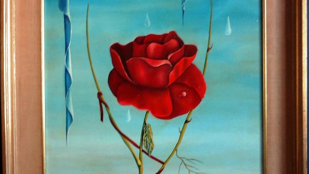 Rosa - Rose Oil on canvas landscape painting with a large red rose. Dimension is 18 by 24 inches. Signed in the lower right side in...