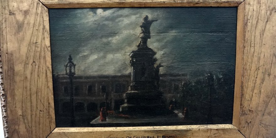 Sisito Excellent conserved original oil painting on board with the Cristobal Colon Statue located in the Central Park and in front of the Catholic Cathedral in the...