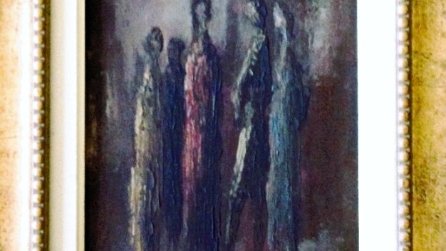 Tres Figuras Oil on board painting with three abstract figures. Dimension is 6 by 11 inches. Signed in black in the lower right side....