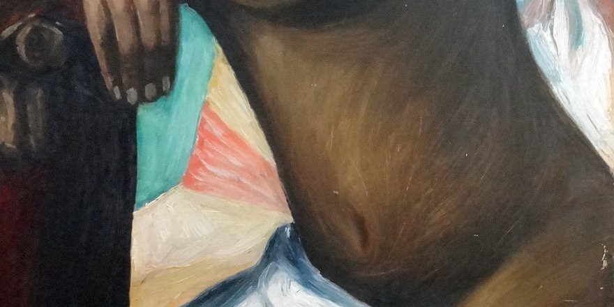 Amiama Oil on board painting with a portrait of a semi nude seated women reclined on a large drum. Signed in the lower left side. Dimension is 24 by 30 inches. No...