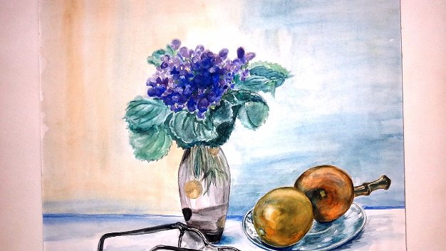 Espejuelos - Glasses Still life watercolor on paper with a potted plant, oranges and glasses by the daughter of George Hausdorf. The paper...