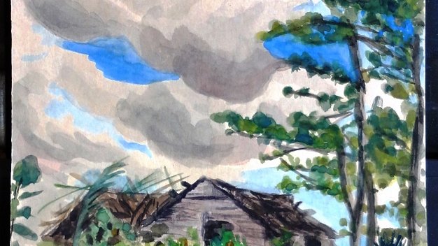 Paisaje - Scenery Excellent watercolor on paper with a Dominican Republic rural landscape by the daughter of George Hausdorf. Paper...
