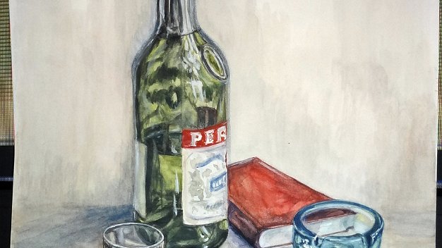Pernot - Wine Excellent still life watercolor on paper with a bottle of Pernot, with an ashtray and cigarettes by the daughter of...