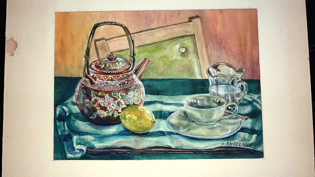 Tetera - Teapot Still life watercolor on paper with a coffee or tea set on a table by the daughter of George Hausdorf. Paper dimension...