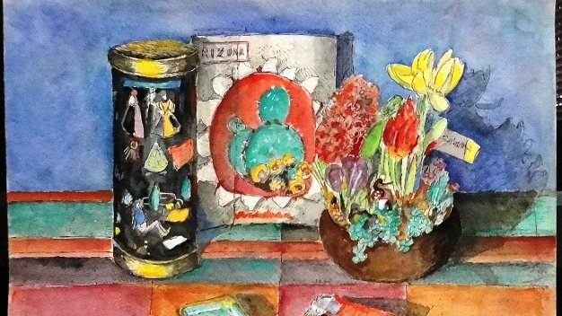 Jarron - Vase Excellent still life watercolor on paper with several objects on a table. The paper dimension is 12 by 16 inches. Signed...