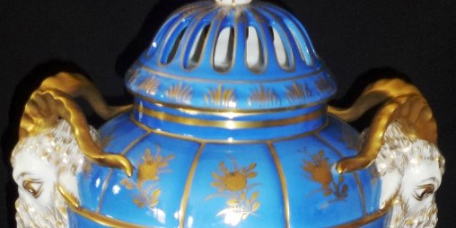Amphora - Anfora Dresden hand painted amphora in traditional color light blue and various colored flowers, with gold touches in the borders and handles in the form of lamb head,...