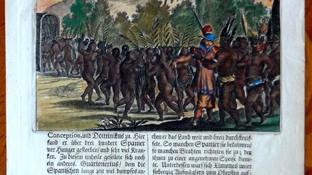Taino In english Original German colored print with Taino Indians and Spanish Conquistadors (soldiers) in the Island of...