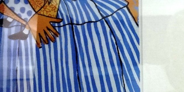 Bido Excellent original colored lithograph of a women peasant with a blue dress and a small child on her arms. Dimension is 9 by 12 inches. Signed and dated 1997 in...