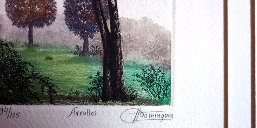 Dominguez Very beautiful hand colored lithograph with a landscape. Paper dimension is 6.5 by 6.5 inches and image dimension is 3.5 by 3.5 inches. Signed in pencil in the...