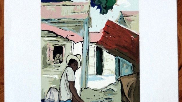 Hombre Excellent colored print on thick paper with a landscape or local rural scene. Paper dimension is 9.5 by 21 inches and...