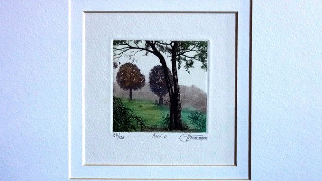 H. Dominguez In english Color lithograph with a landscape. Dimension is 6.5 by 6.5 inches and image dimension is 3.5 by 3.5 inches....